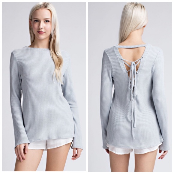 Honey Punch Tops - NEW Honey Punch Grey Lace Up Back Waffle Knit Top